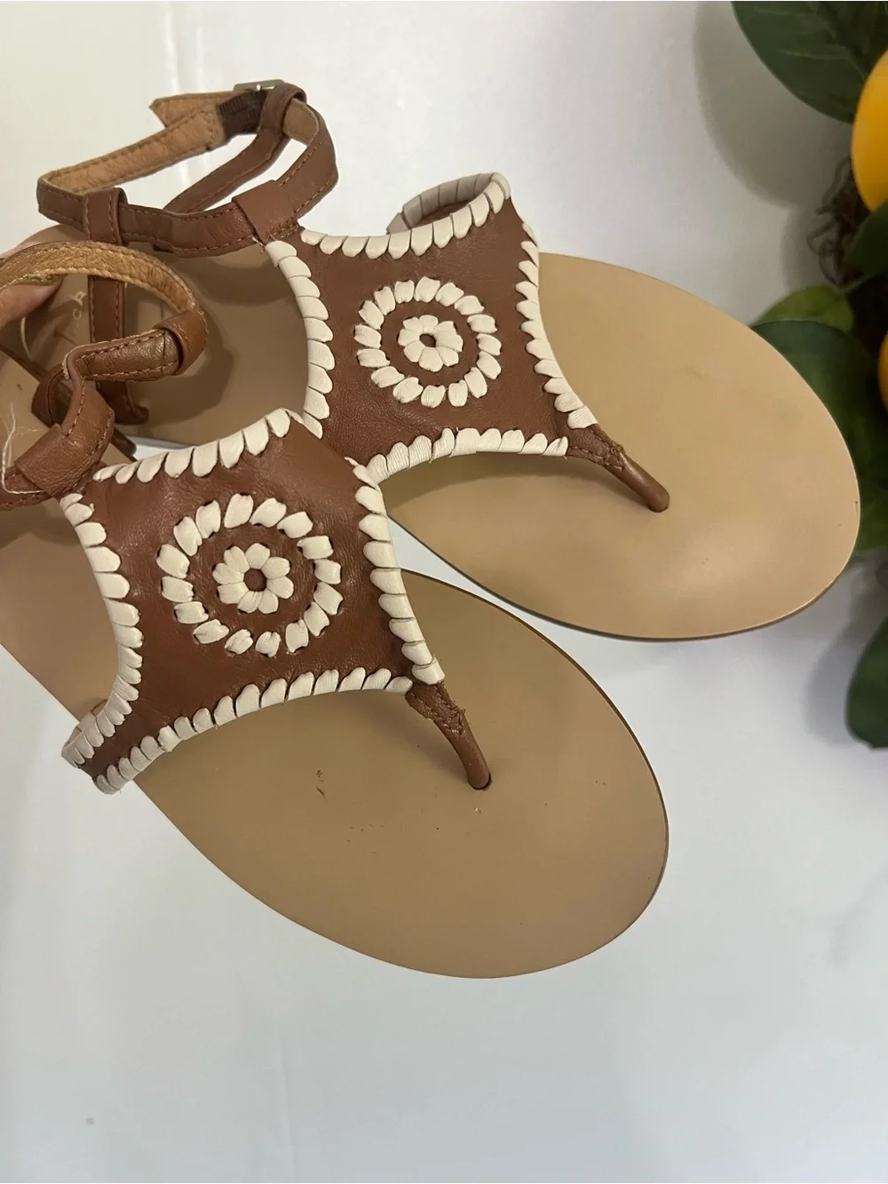 Jack Rogers Macie leather sandals brown and beige stitching ankle closure